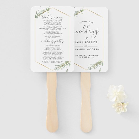 Éventail Mariage Programme-Moderne Or & Foliage Cadre (Devant et derrière)