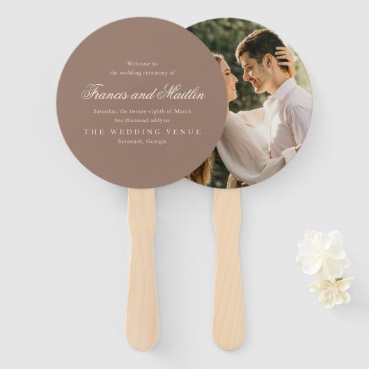 Éventail Mariage Romantique Brun Élégant (Devant et derrière)