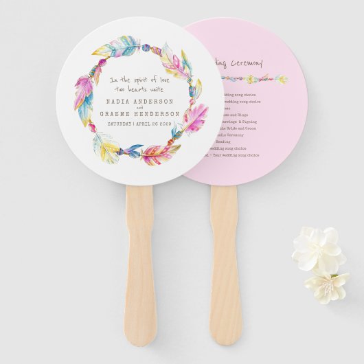 Éventail Mariage rose boho plume et perles fans du programm (Devant et derrière)