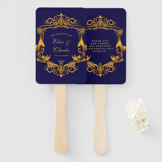 Éventail Mariage Royal Crown Blue et Gold Flouring (Devant et derrière)