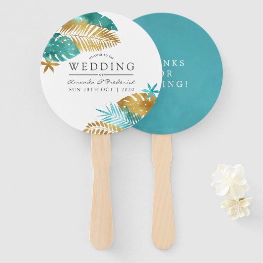 Éventail Mariage turquoise et Gold Tropical Favor (Devant et derrière)