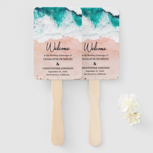 Éventail Mariage Vagues de Mer & Plage de Sable (Devant et derrière)