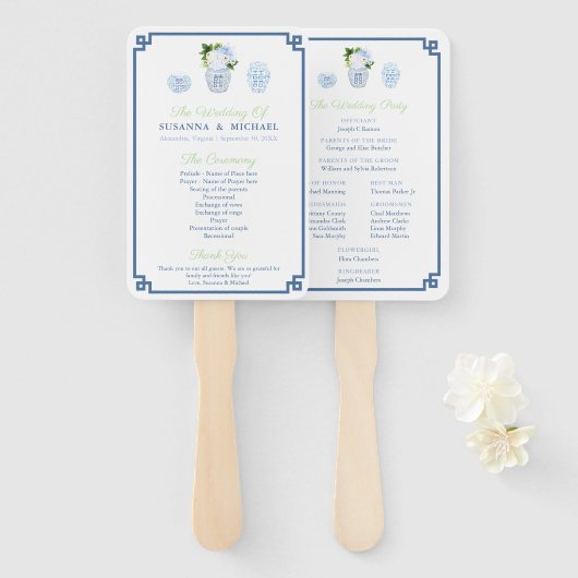 Éventail Marine Bleu Et Chartreuse Chinoiserie Chic Mariage (Devant et derrière)