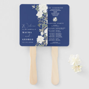 Éventail Marine Blue Ivory Chinoiserie Programme de mariage