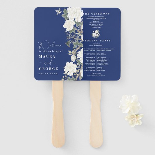 Éventail Marine Blue Ivory Chinoiserie Programme de mariage (Devant et derrière)