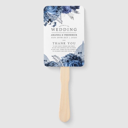 Éventail Marine et blanc avec le programme de mariage à l'h (Devant)