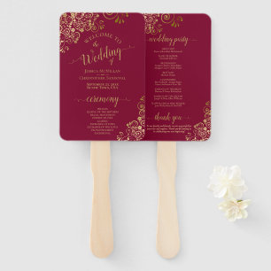 Éventail Maroon & Gold Lace Élégant programme de mariage