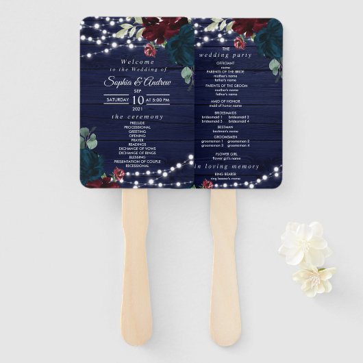 Éventail Marsala & Navy Floral Rustic Wedding Programme (Devant et derrière)