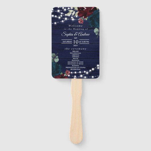 Éventail Marsala & Navy Floral Rustic Wedding Programme (Devant)