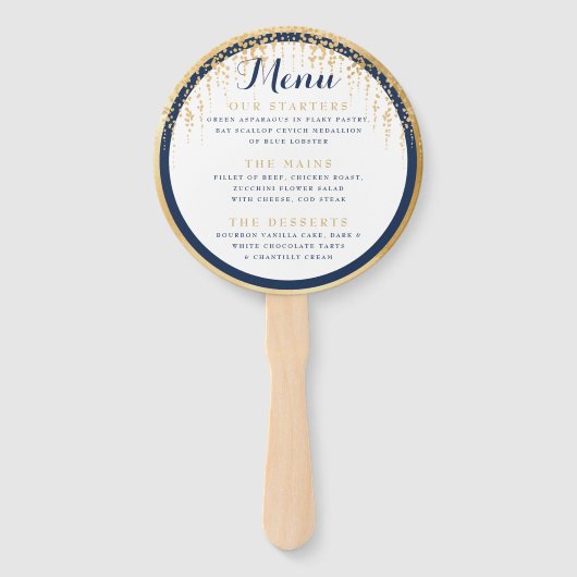 Éventail Menu Mariage d'or bleu marine Willow Tree (Devant)