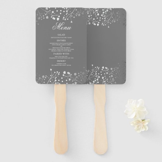 Éventail Menus Mariage argenté et gris (Devant et derrière)