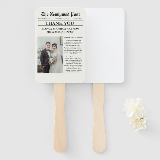 Éventail Merci de Mariage photo unique du journal (Devant et derrière)