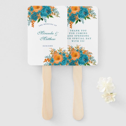 Éventail Merci de Mariage turquoise et orange peint (Devant et derrière)