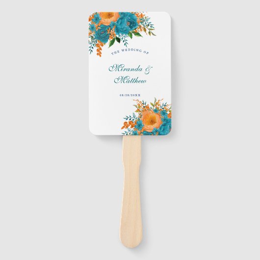 Éventail Merci de Mariage turquoise et orange peint (Devant)