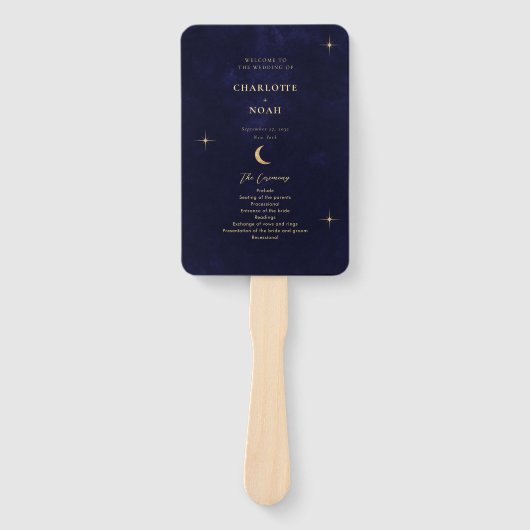 Éventail Midnight Blue Gold Moon Stars Programme de mariage (Devant)
