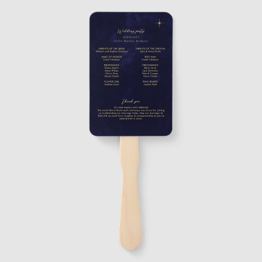 Éventail Midnight Blue Gold Moon Stars Programme de mariage (Dos)