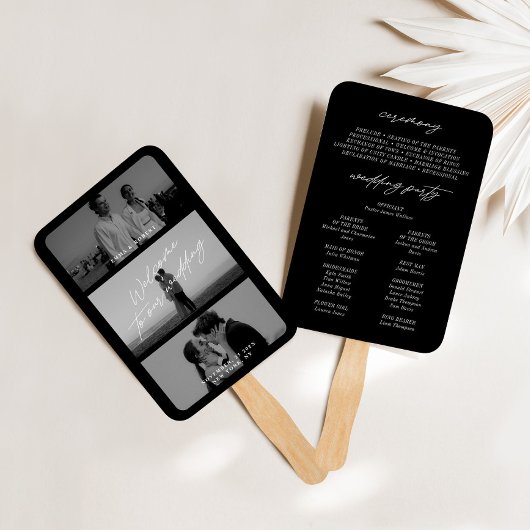 Éventail Miniature moderne Noir 3 Photo Wedding Programme d