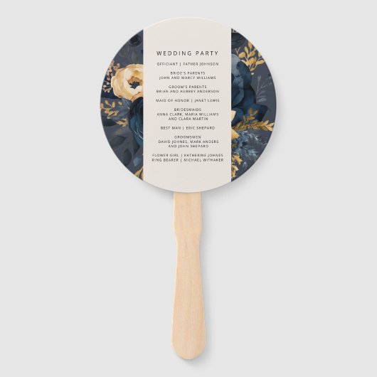 Éventail Minuit Blue Gold Floral Wedding Programme Ventilat (Dos)