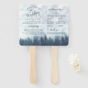 Éventail Misty Blue Pine Trees Programme de mariage rustiqu