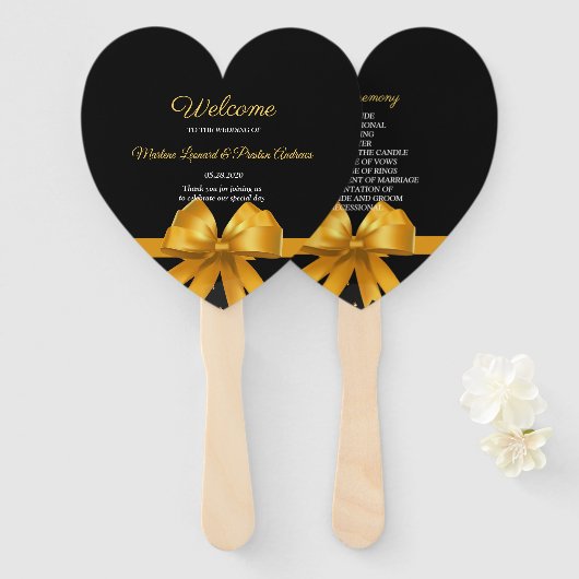 Éventail Moderne élégant chic noir et or programme de maria (Devant et derrière)