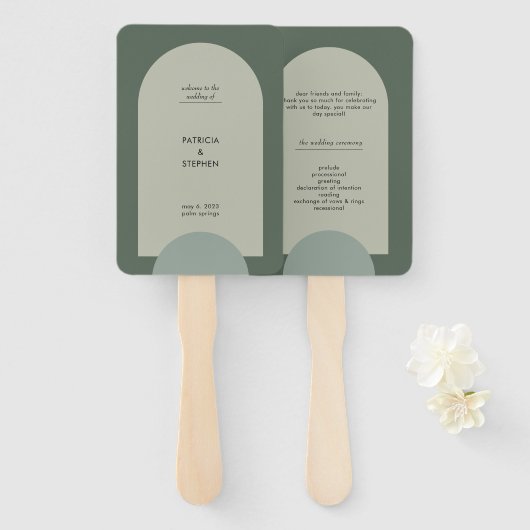 Éventail Moderne Green Boho Arch Programme de mariage géomé (Devant et derrière)