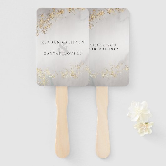 Éventail Moderne Luxe Gold Flecks Gris Mist Mariage (Devant et derrière)