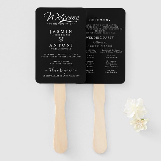 Éventail Moderne Minimaliste Script Noir | Mariage (Devant et derrière)
