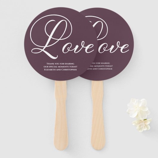 Éventail Moderne Script Love Mariage Engagment pourpre (Devant et derrière)