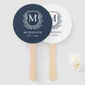 Éventail Monogram Crest Marine Blue Botanical Mariage (Devant et derrière)