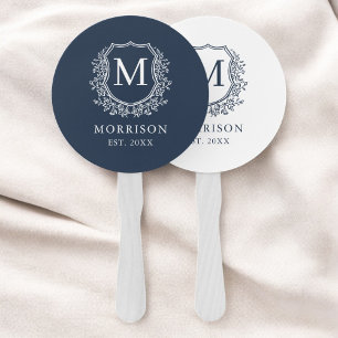 Éventail Monogram Crest Marine Blue Botanical Mariage