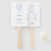 Éventail Monogramme bleu Crest Formal Script Wedding Progra (Devant et derrière)