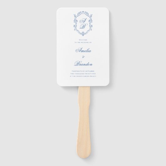 Éventail Monogramme bleu Crest Formal Script Wedding Progra (Devant)