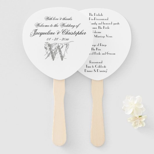 Éventail Monogramme classique Romantique mariage blanc (Devant et derrière)