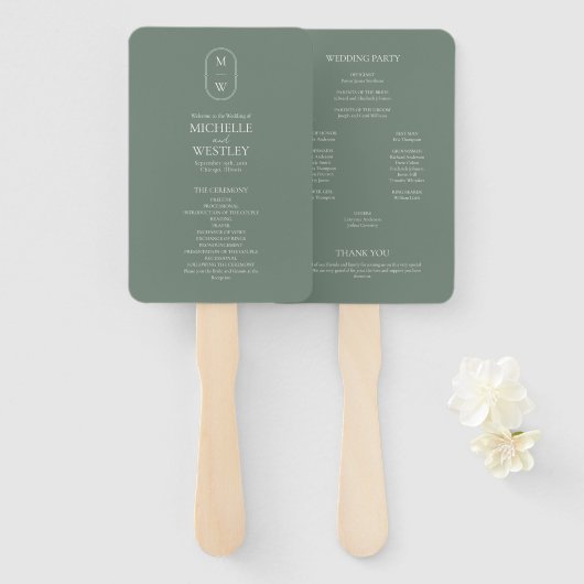 Éventail Monogramme minimaliste Sage Green Wedding Programm (Devant et derrière)