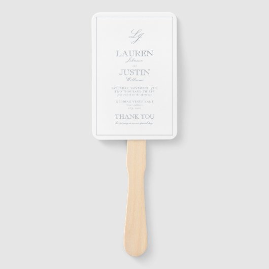 Éventail Monogramme moderne Dusty Blue Script Wedding Progr (Devant)