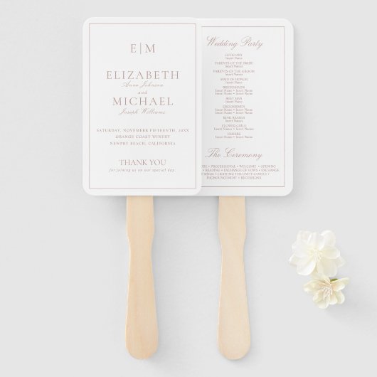 Éventail Monogramme moderne Dusty Rose Script Wedding Progr (Devant et derrière)
