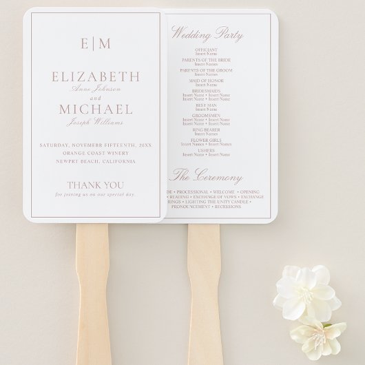 Éventail Monogramme moderne Dusty Rose Script Wedding Progr