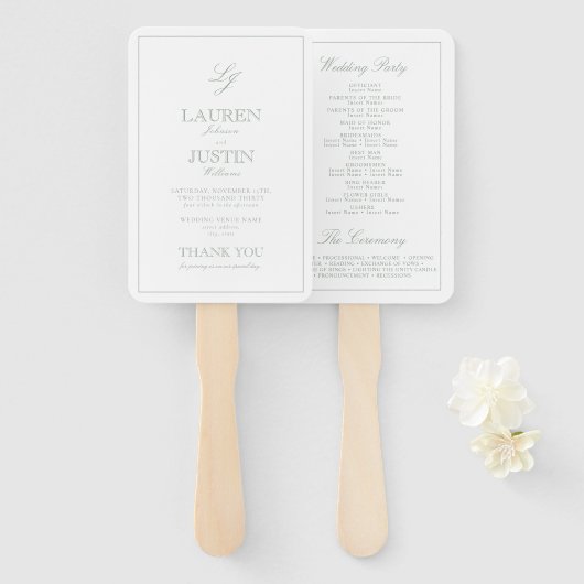 Éventail Monogramme moderne Sage Green Script Wedding Progr (Devant et derrière)