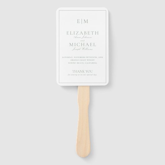 Éventail Monogramme moderne Sage Green Script Wedding Progr (Devant)