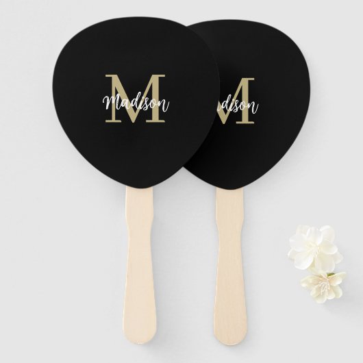 Éventail Monogramme Moderne Tan Sable Noir (Devant et derrière)