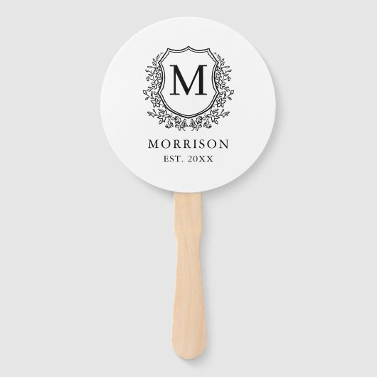 Éventail Monogramme Noir Blanc Crest Mariage botanique (Dos)