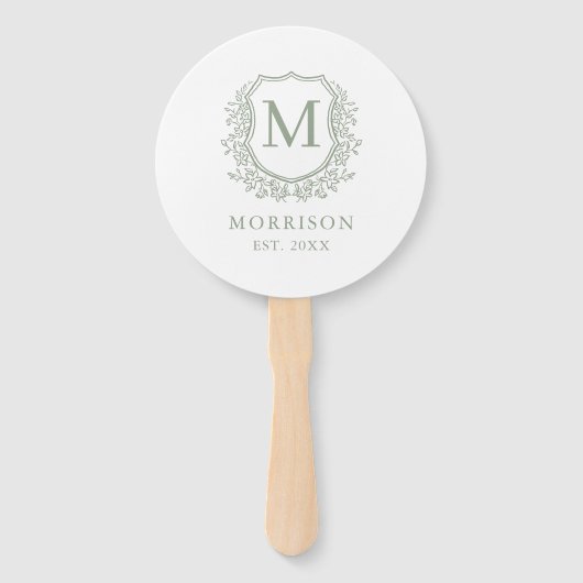 Éventail Monogramme Sage Green Crest Mariage botanique (Dos)