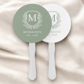 Éventail Monogramme Sage Green Crest Mariage botanique