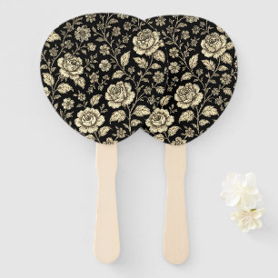 Éventail Motif floral de rose dorée vintage sur fond noir