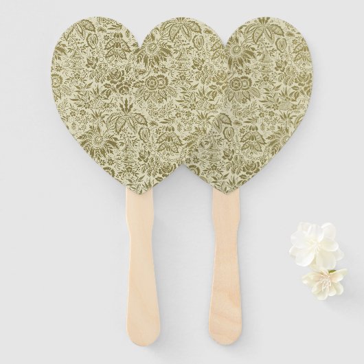 Éventail Motif Floral Vert Sage Antique Damas (Devant et derrière)