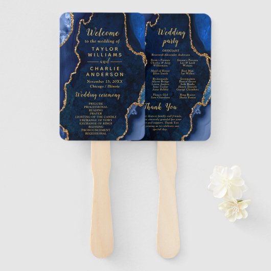 Éventail Navy Blue and Gold Agate Wedding Program (Devant et derrière)