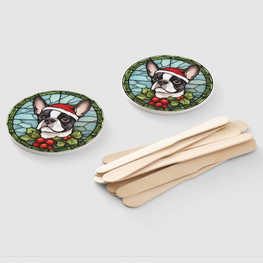 Éventail Noël de Boston Terrier en verre teint (Non-assemblé)