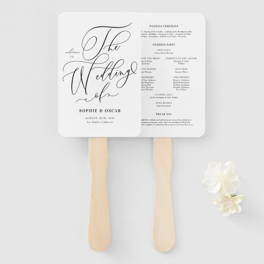 Éventail Noir Whimsical Calligraphie Programmes de mariage (Devant et derrière)