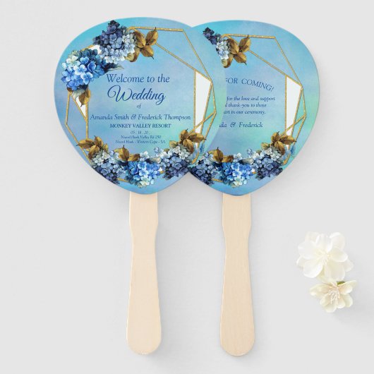 Éventail Nuances d'aquarelle bleue Hydrangeas (Devant et derrière)