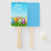 ÉVENTAIL OEUFS DE PÂQUES COLORÉS "HAPPY EASTER" (Devant et derrière)